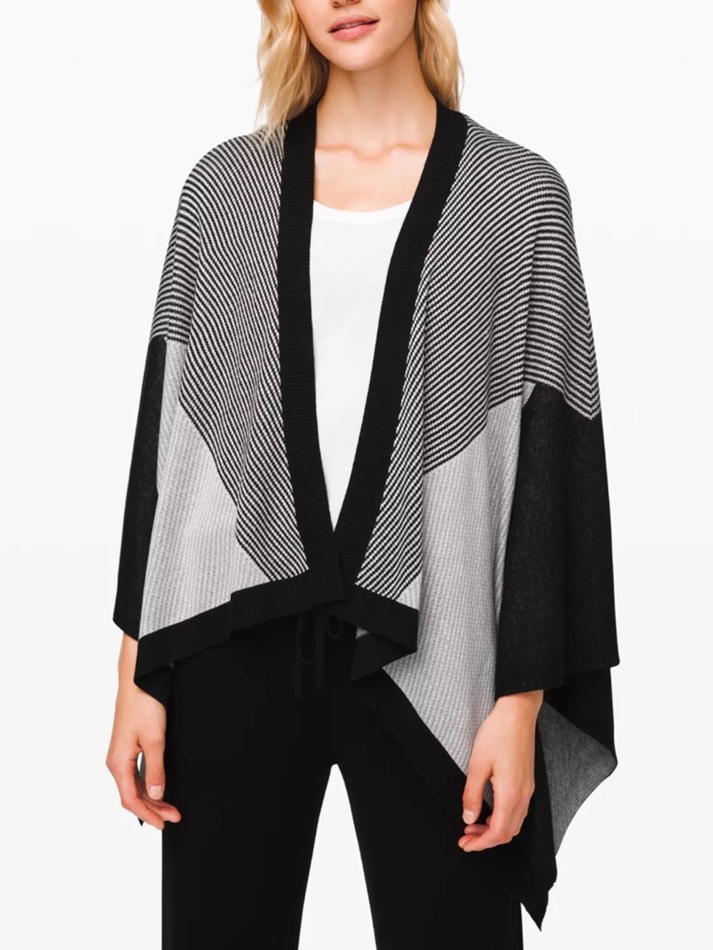 Black & White Striped Open Front Poncho Sweater